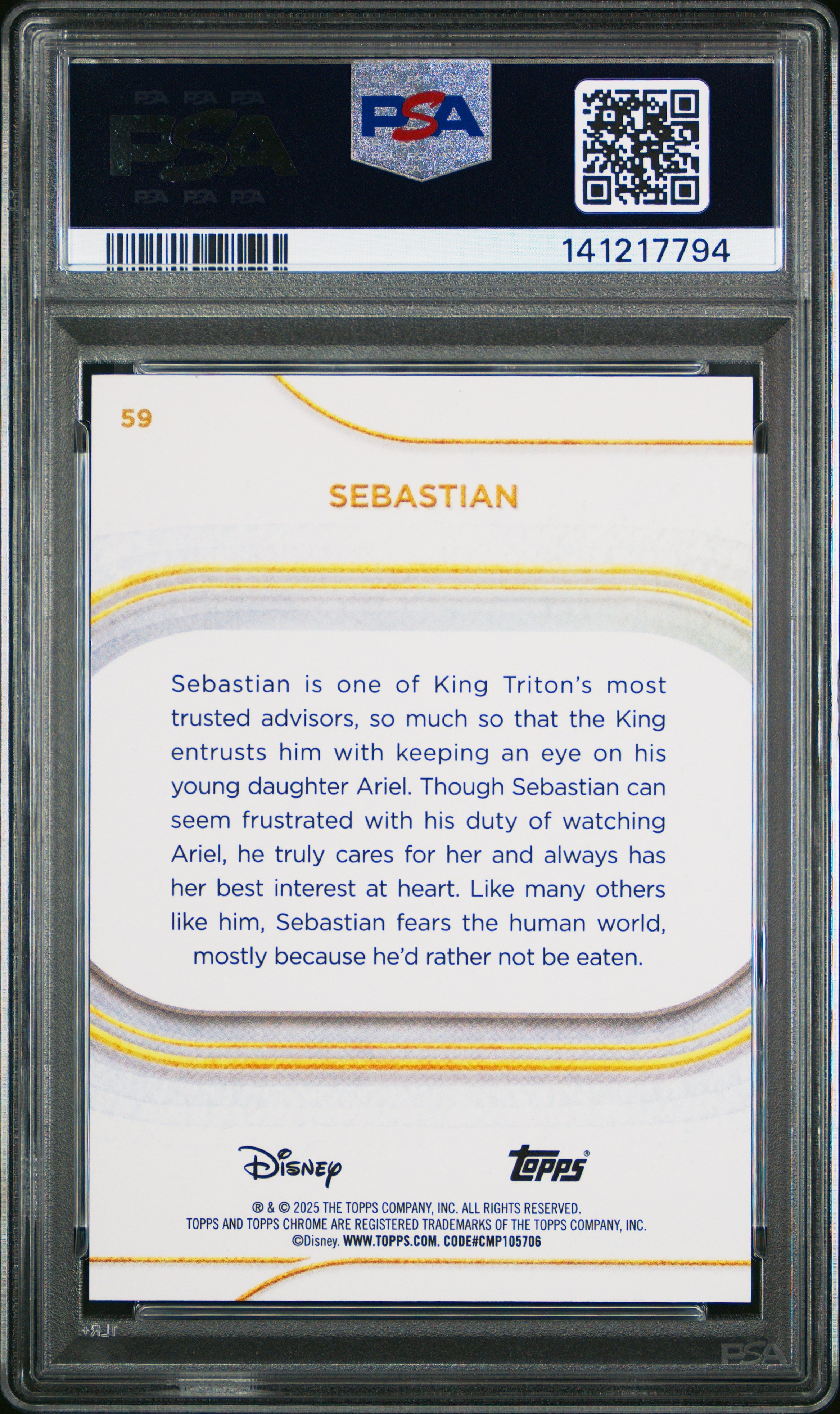 Graded 2025 Topps Chrome Disney Sebastian #59 Purple Wave #/75 The Little Mermaid Trading Card PSA 10 Gem Mint