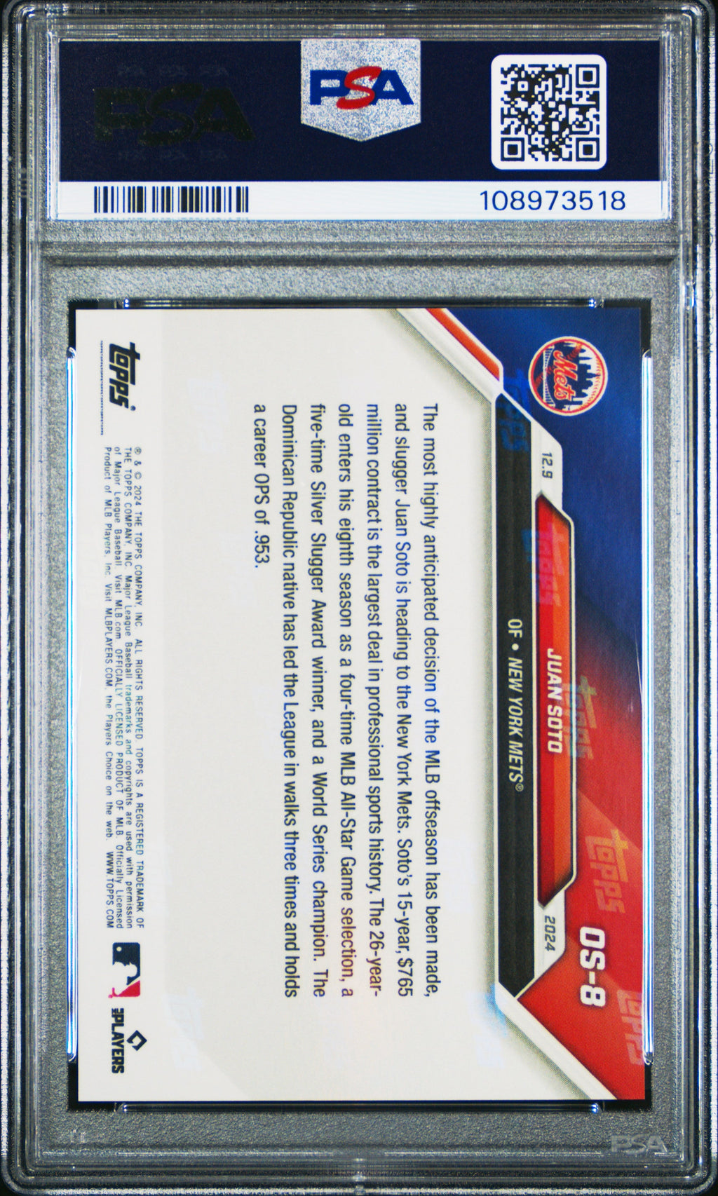 Graded 2024 Topps Now Juan Soto #OS8 Offseason Baseball Card PSA 10 Gem Mint
