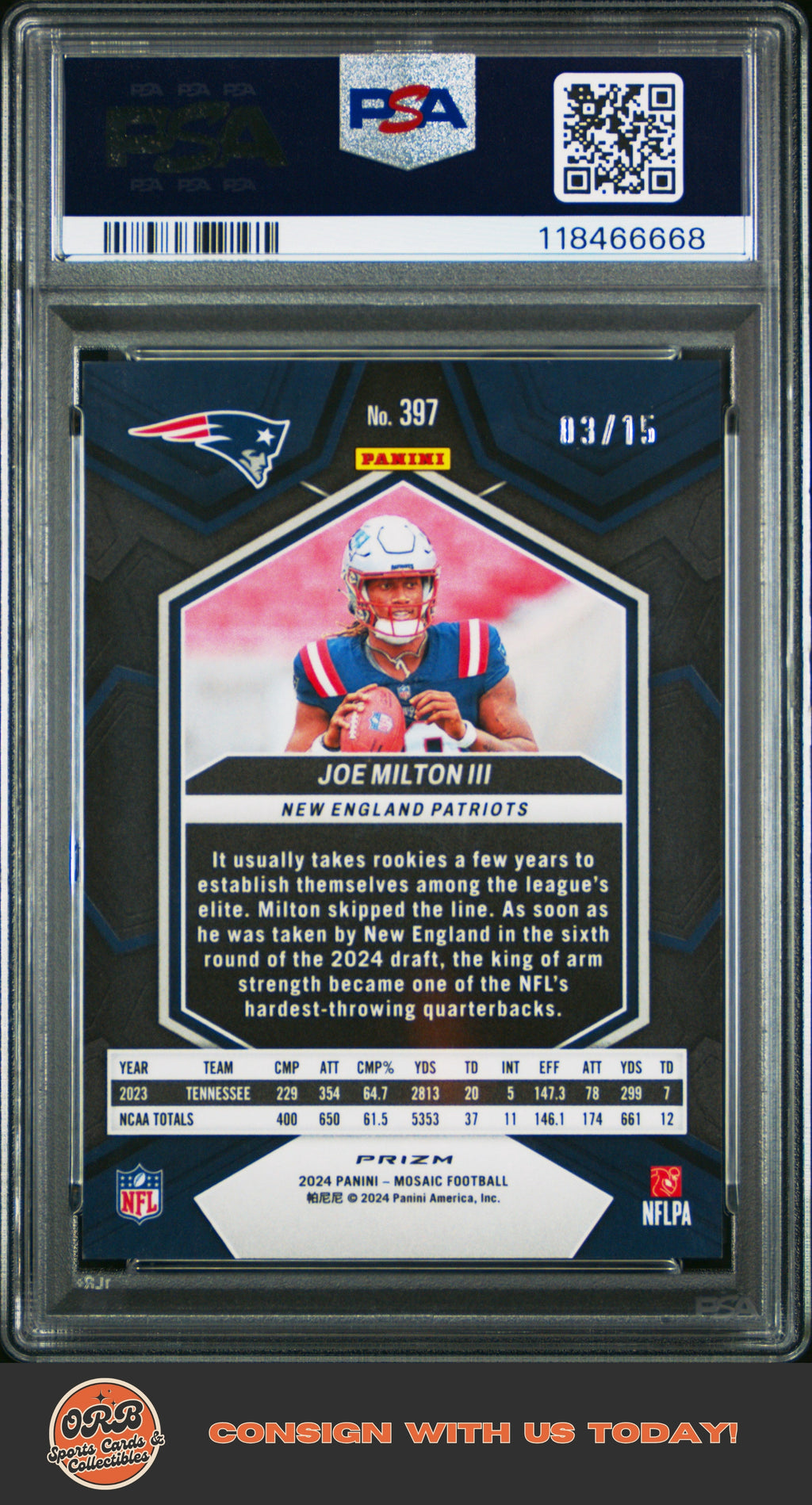 Joe Milton Iii 2024 Panini Mosaic #397 Blue Fluorescent PSA 9 #/15