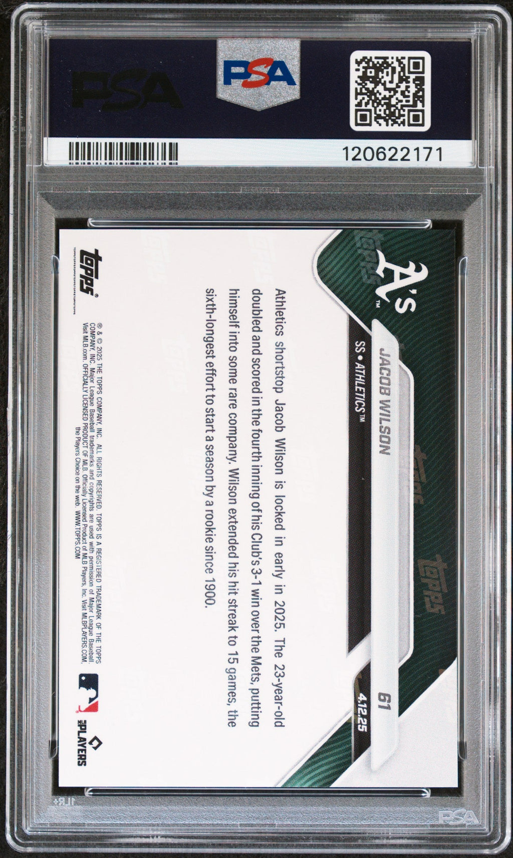 Graded 2025 Topps Now Jacob Wilson #61 Rookie RC Baseball Card PSA 10 Gem Mint
