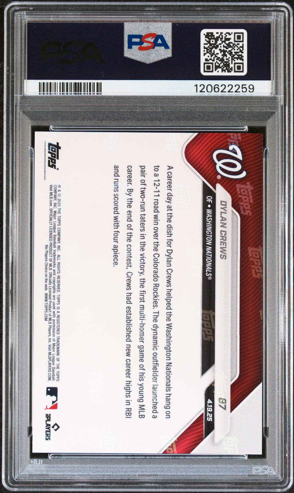 Graded 2025 Topps Now Dylan Crews #87 Rookie RC Baseball Card PSA 9 Mint