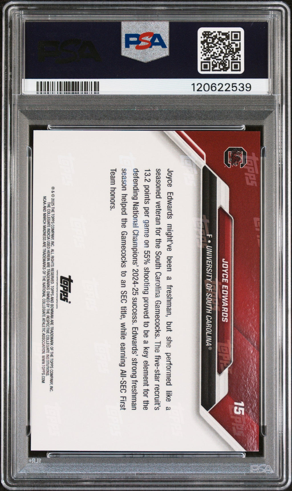 Graded 2025 Topps Bowman U Now Joyce Edwards #15 March Madness Rookie RC Basketball Card PSA 10 Gem Mint