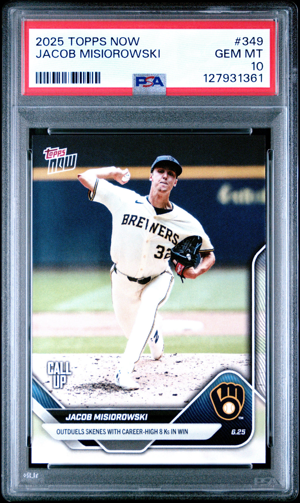 Graded 2025 Topps Now Jacob Misiorowski #349 Rookie RC Baseball Card PSA 10 Gem Mint