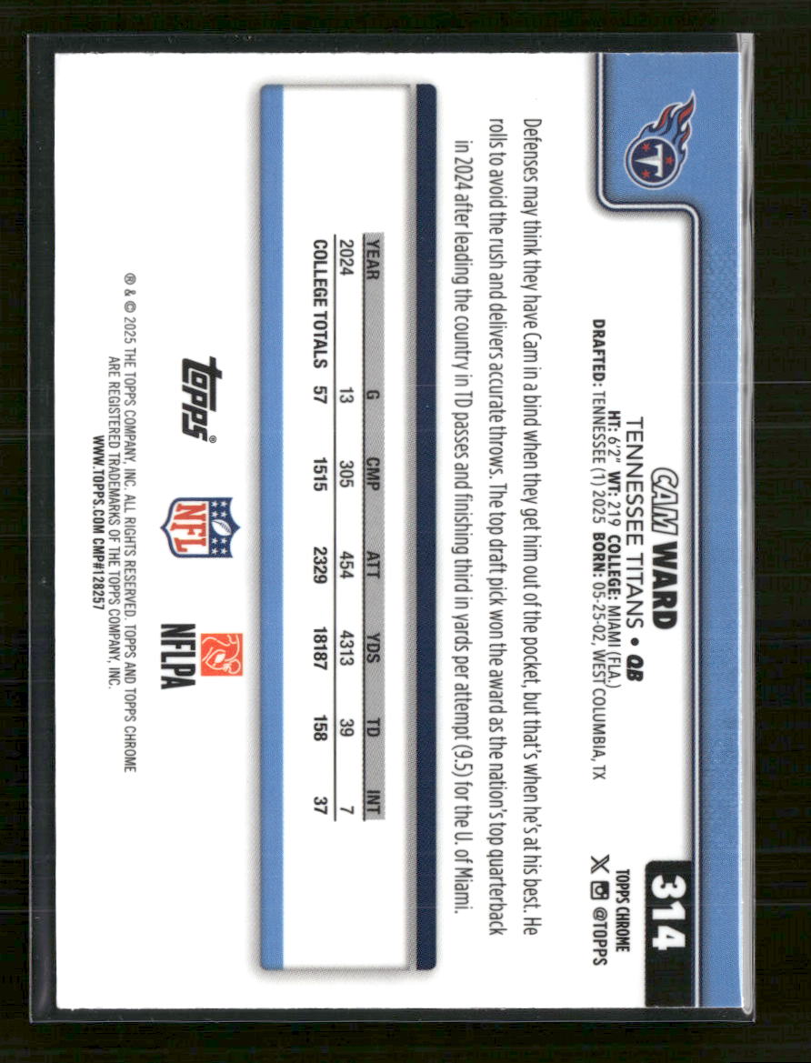 2025-topps-chrome-pulsar-refractor-cam-ward-rookie-314