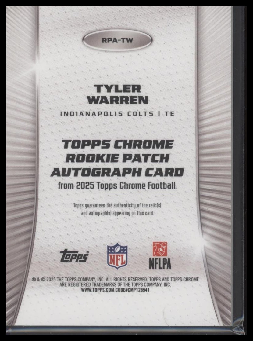 2025-topps-rookie-patch-auto-orange-refractor-tyler-warren-25-rpa-tw
