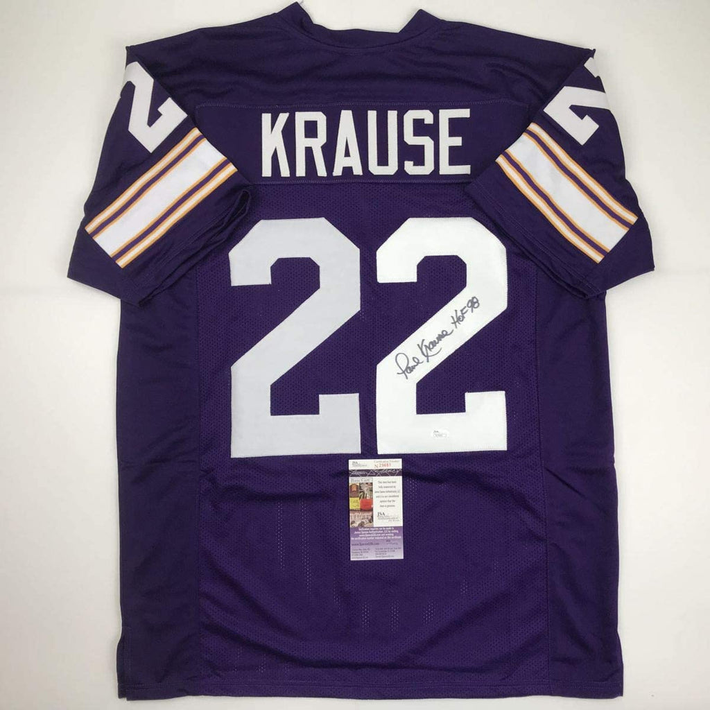 autographed-signed-paul-krause-hof-98-minnesota-purple-football-jersey-jsa-coa