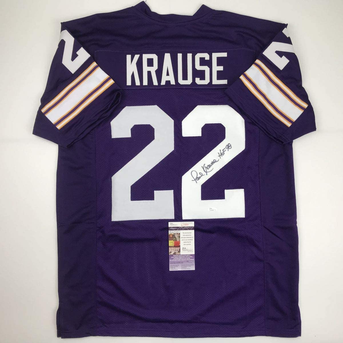 autographed-signed-paul-krause-hof-98-minnesota-purple-football-jersey-jsa-coa