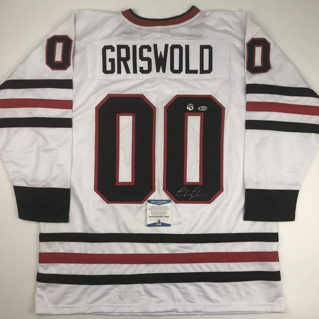 autographed-signed-chevy-chase-clark-griswold-christmas-vacation-movie-chicago-white-hockey-jersey-beckett-bas-coa