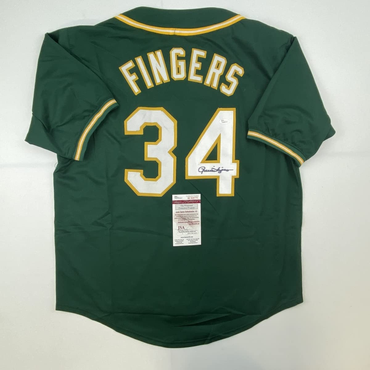 autographed-signed-rollie-fingers-oakland-green-baseball-jersey-jsa-coa