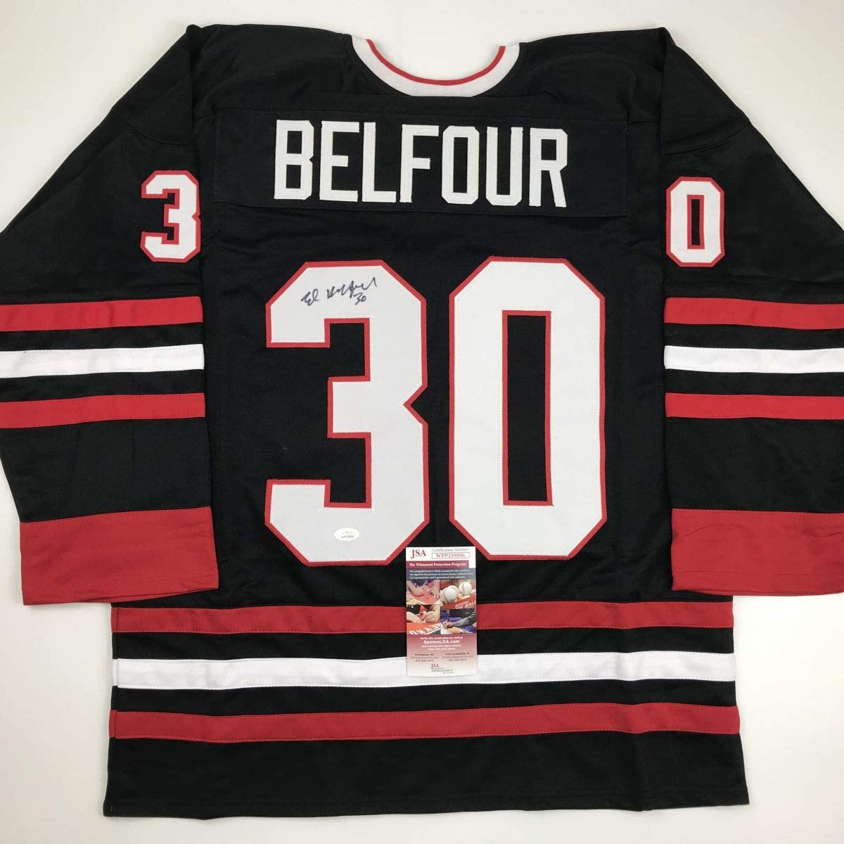 autographed-signed-ed-belfour-chicago-black-hockey-jersey-jsa-coa
