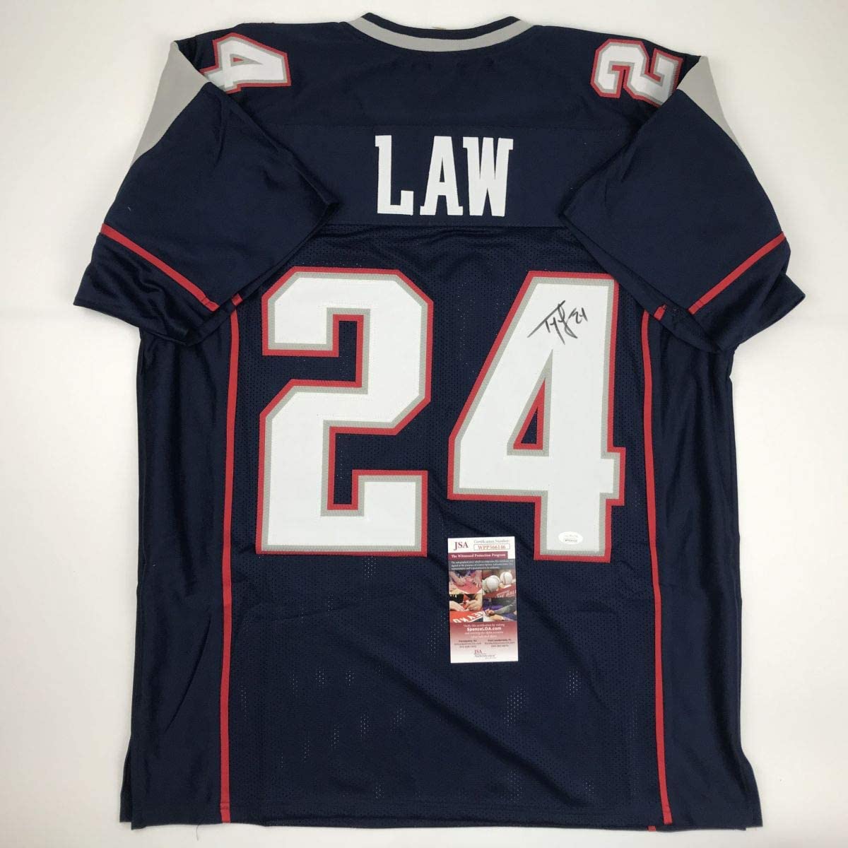 autographed-signed-ty-law-new-england-blue-football-jersey-jsa-coa