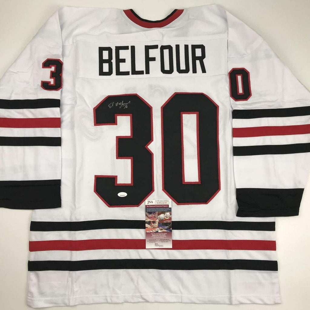 autographed-signed-ed-belfour-chicago-white-hockey-jersey-jsa-coa