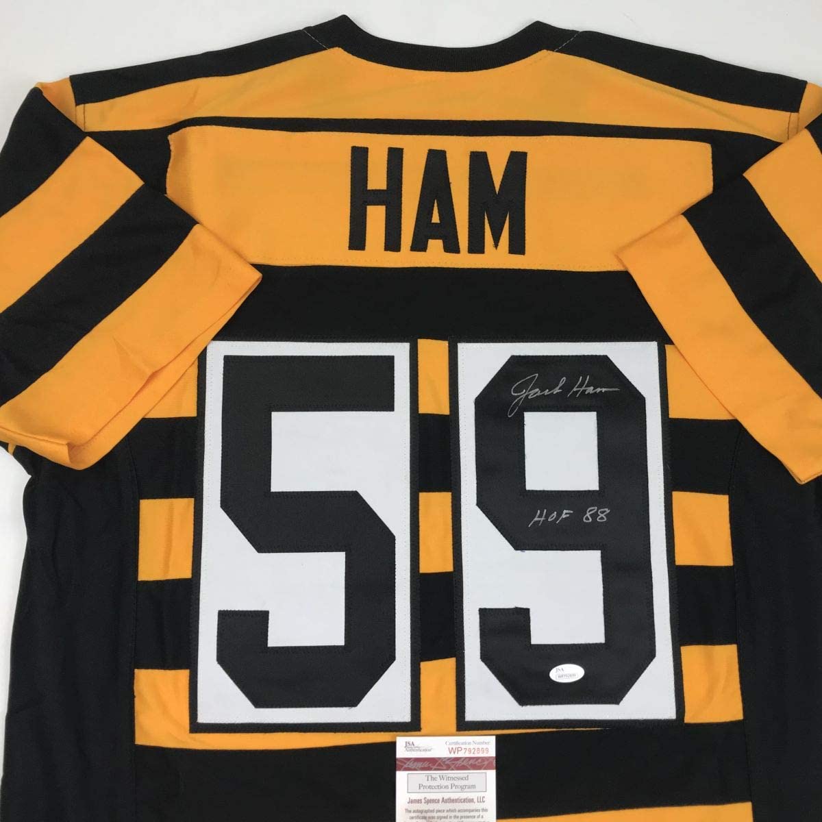 autographed-signed-jack-ham-hof-88-pittsburgh-bumble-bee-football-jersey-jsa-coa