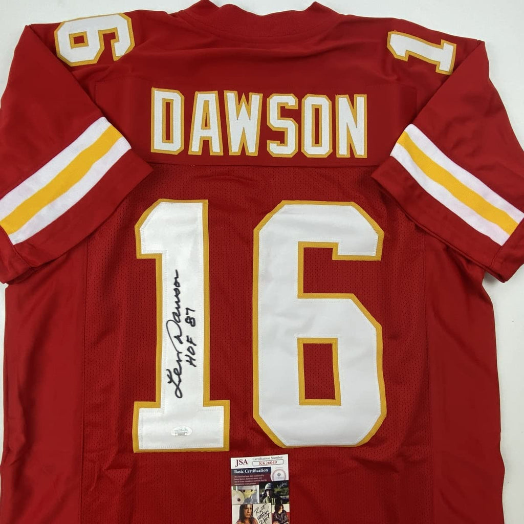 autographed-signed-len-dawson-hof-87-kansas-city-red-football-jersey-jsa-coa