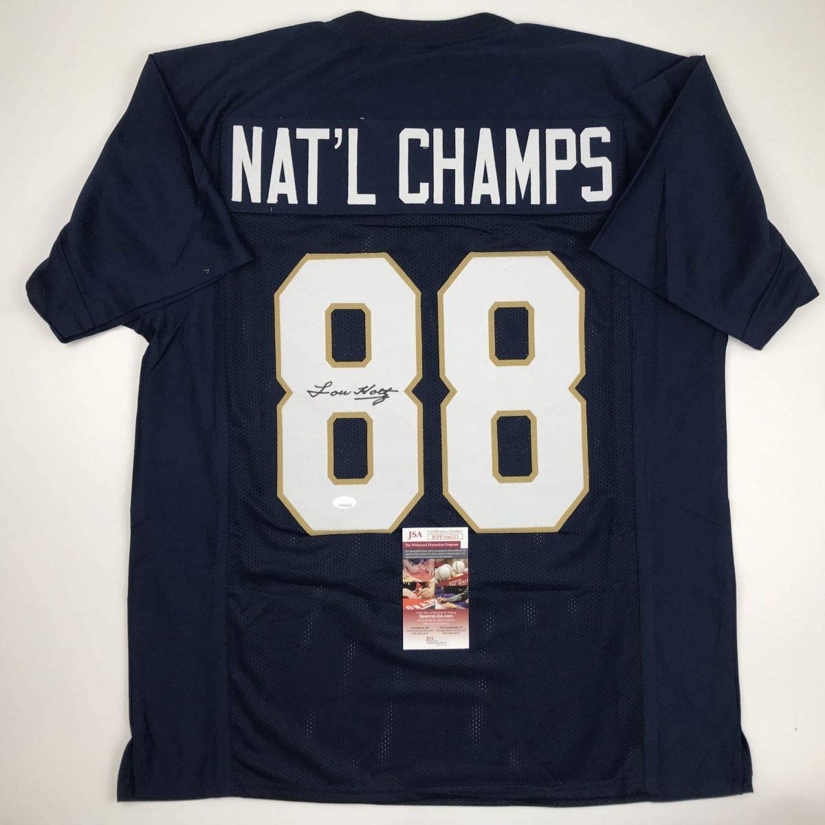 autographed-signed-lou-holtz-1988-national-champs-notre-dame-blue-college-football-jersey-jsa-coa
