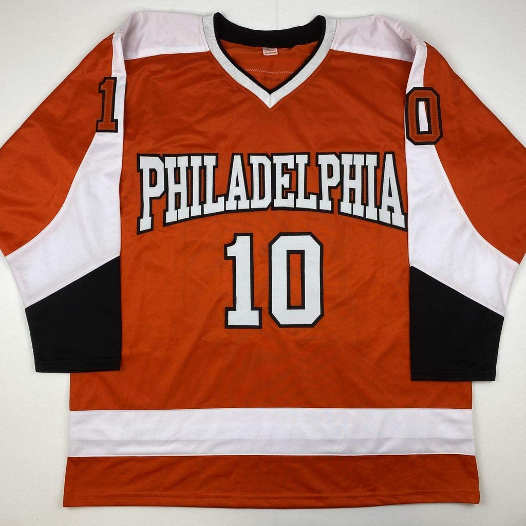 autographed-signed-john-leclair-philadelphia-orange-hockey-jersey-beckett-bas-coa