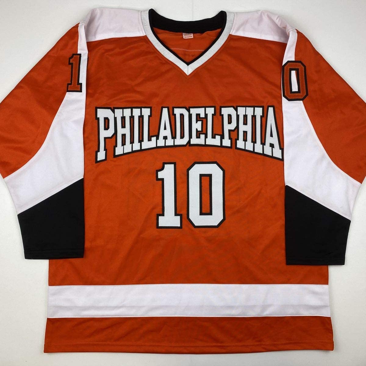 autographed-signed-john-leclair-philadelphia-orange-hockey-jersey-beckett-bas-coa