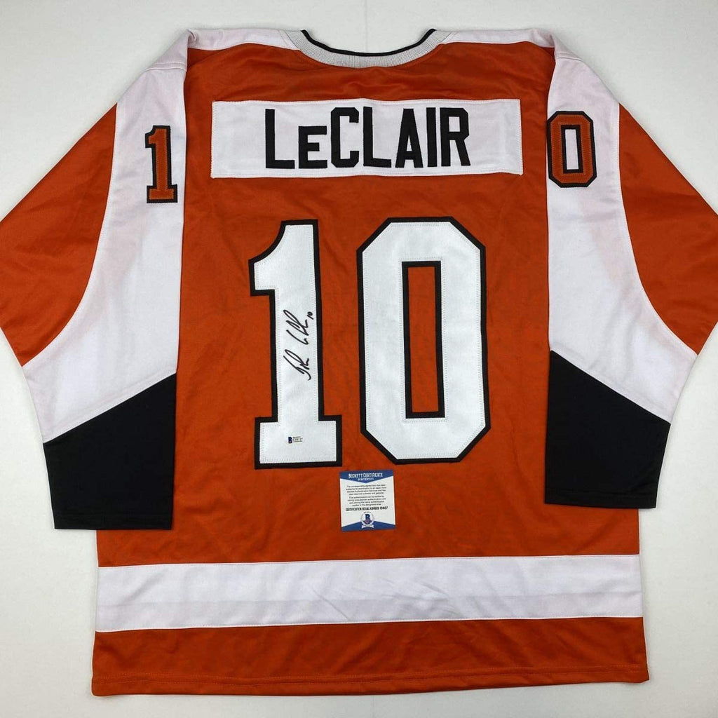 autographed-signed-john-leclair-philadelphia-orange-hockey-jersey-beckett-bas-coa