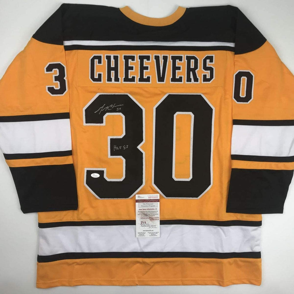 autographed-signed-gerry-cheevers-hof-85-boston-yellow-hockey-jersey-jsa-coa
