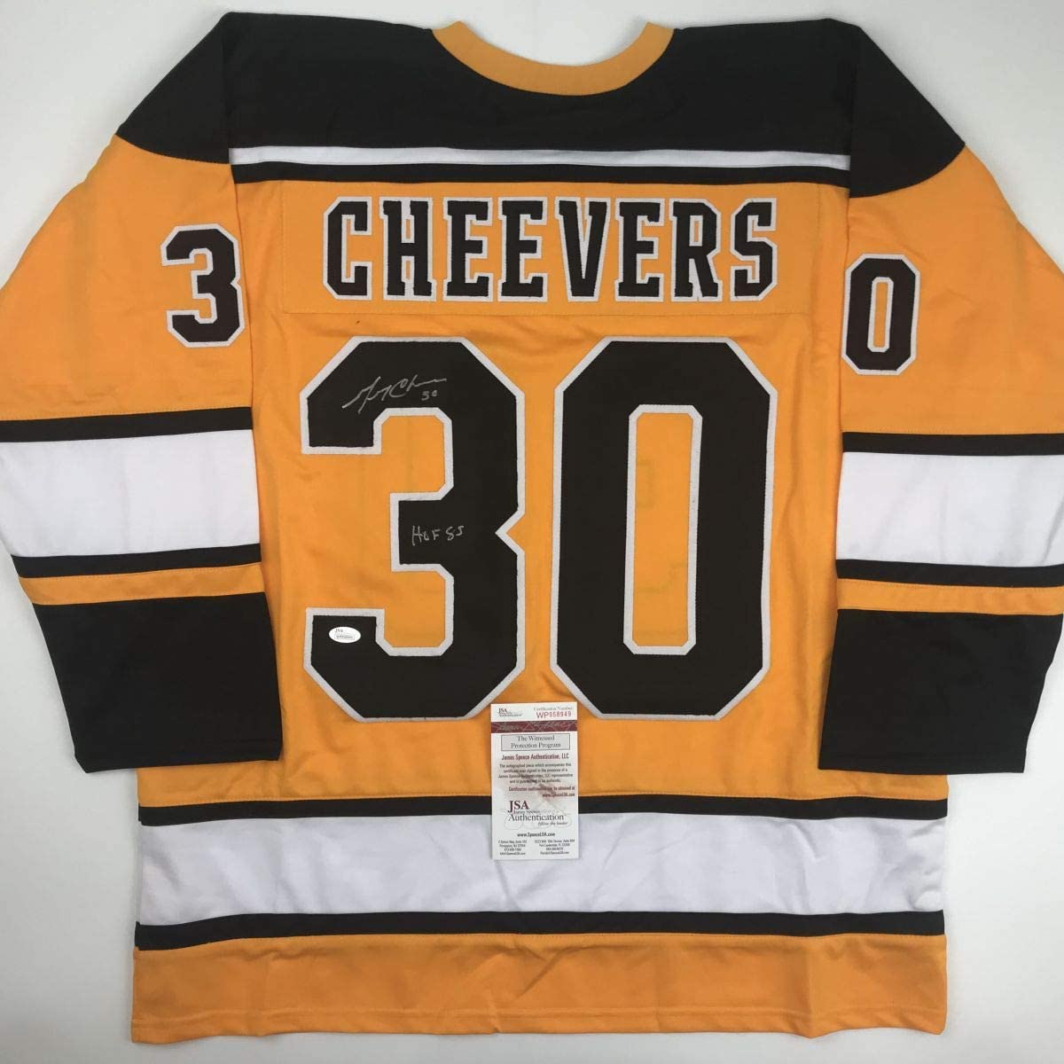 autographed-signed-gerry-cheevers-hof-85-boston-yellow-hockey-jersey-jsa-coa