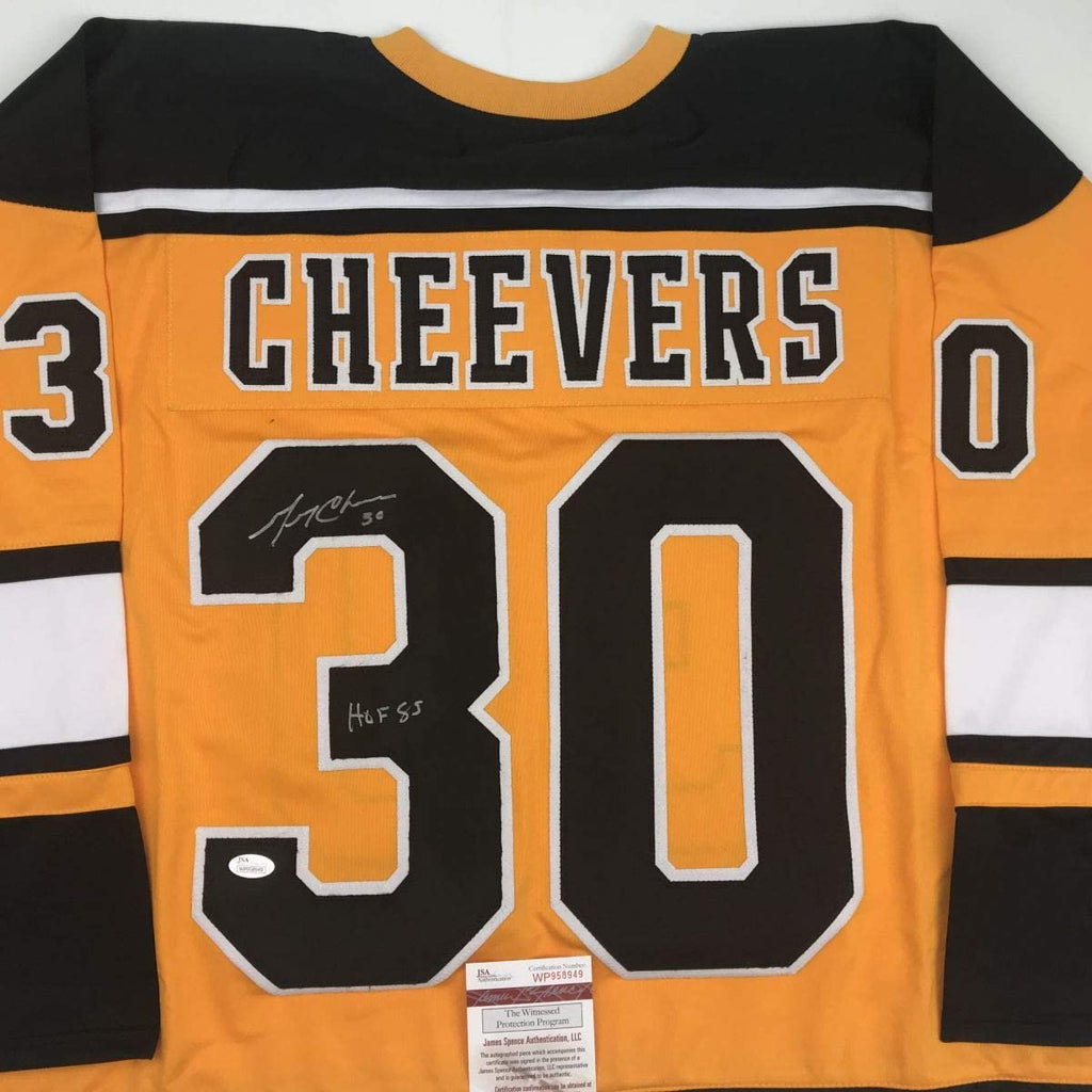 autographed-signed-gerry-cheevers-hof-85-boston-yellow-hockey-jersey-jsa-coa