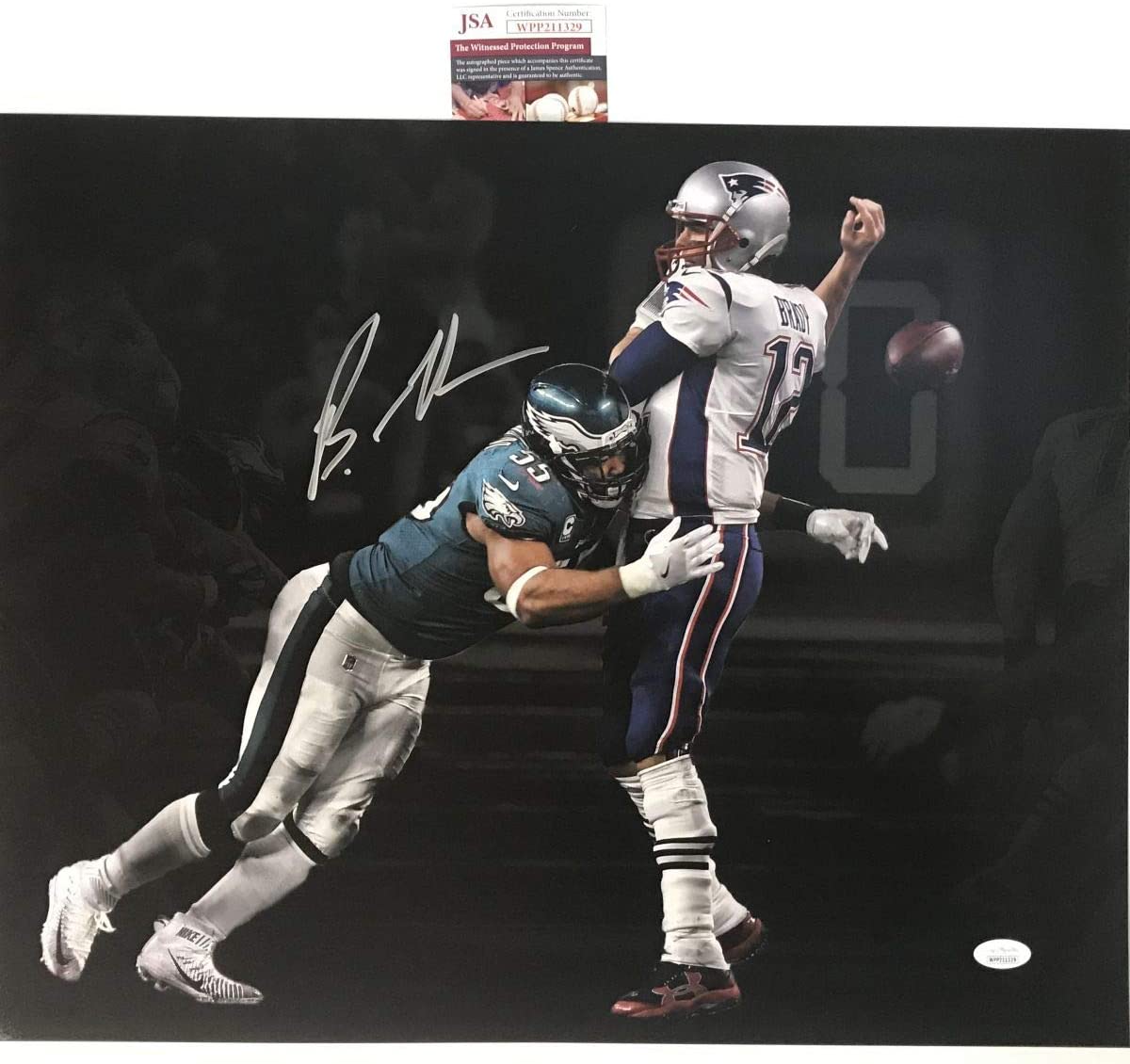 autographed-signed-brandon-graham-philadelphia-eagles-spotlight-game-winning-strip-sack-fumble-vs-tom-brady-super-bowl-lii-52-champions-16x20-football-photo-jsa-coa