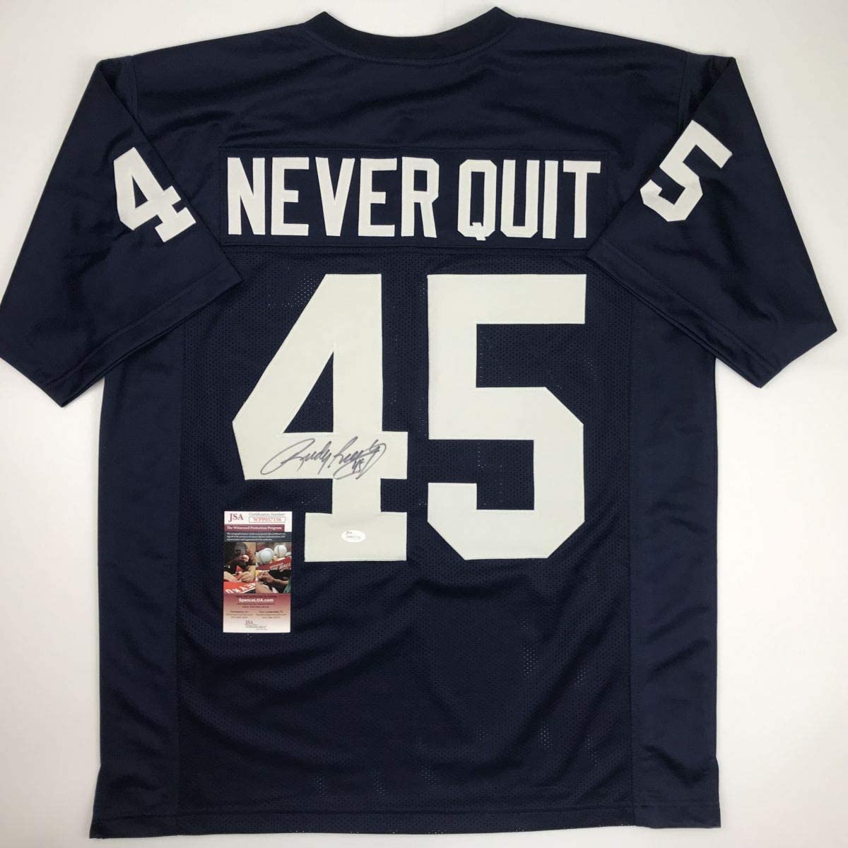 autographed-signed-rudy-ruettiger-never-quit-notre-dame-blue-college-football-jersey-jsa-coa