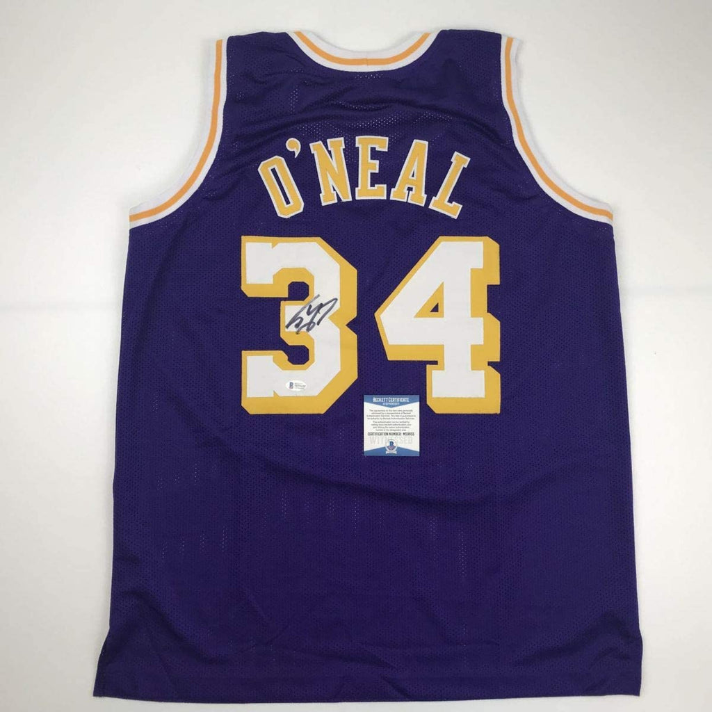 autographed-signed-shaquille-shaq-oneal-los-angeles-la-purple-basketball-jersey-beckett-bas-coa