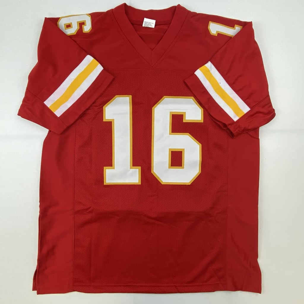 autographed-signed-len-dawson-hof-87-kansas-city-red-football-jersey-jsa-coa