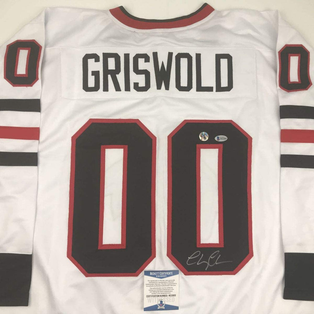 autographed-signed-chevy-chase-clark-griswold-christmas-vacation-movie-chicago-white-hockey-jersey-beckett-bas-coa