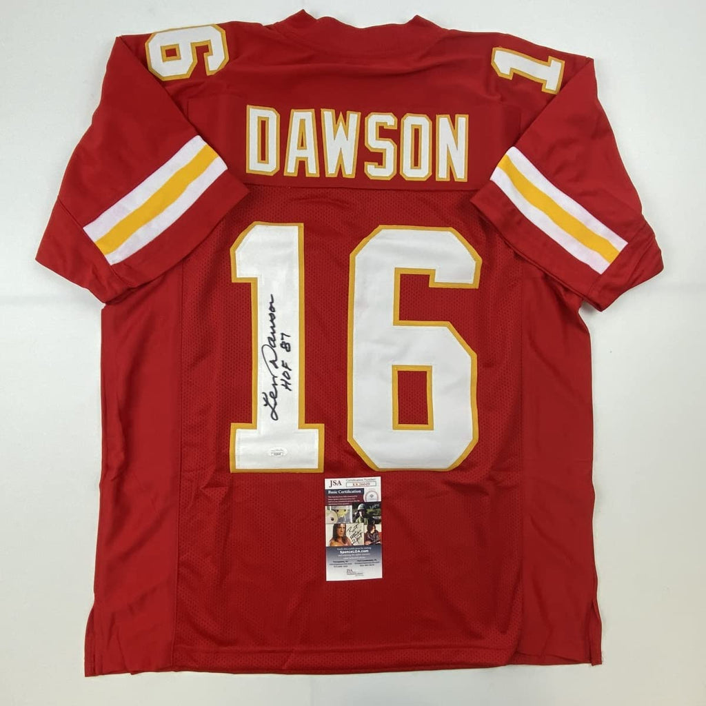 autographed-signed-len-dawson-hof-87-kansas-city-red-football-jersey-jsa-coa