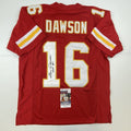 autographed-signed-len-dawson-hof-87-kansas-city-red-football-jersey-jsa-coa