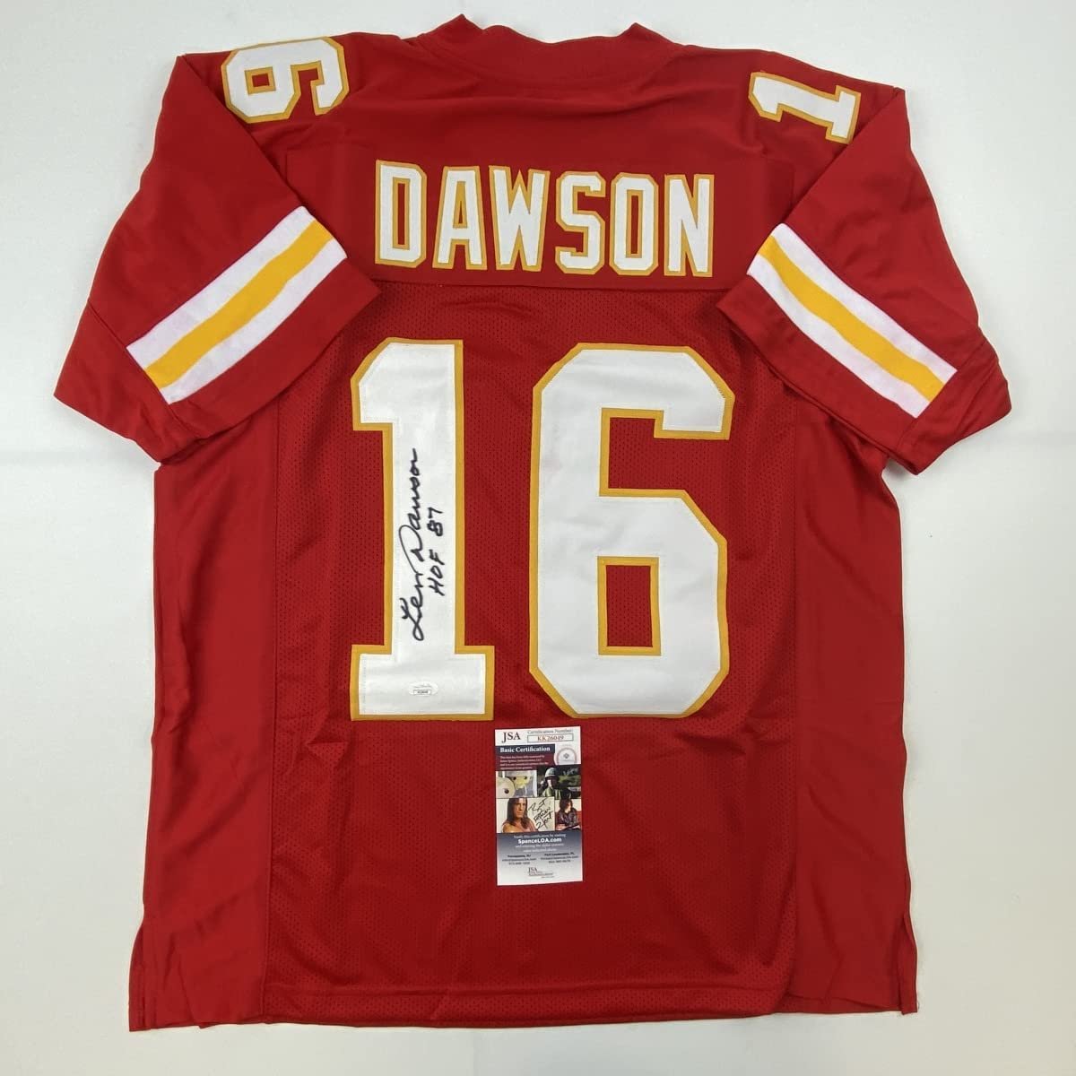 autographed-signed-len-dawson-hof-87-kansas-city-red-football-jersey-jsa-coa