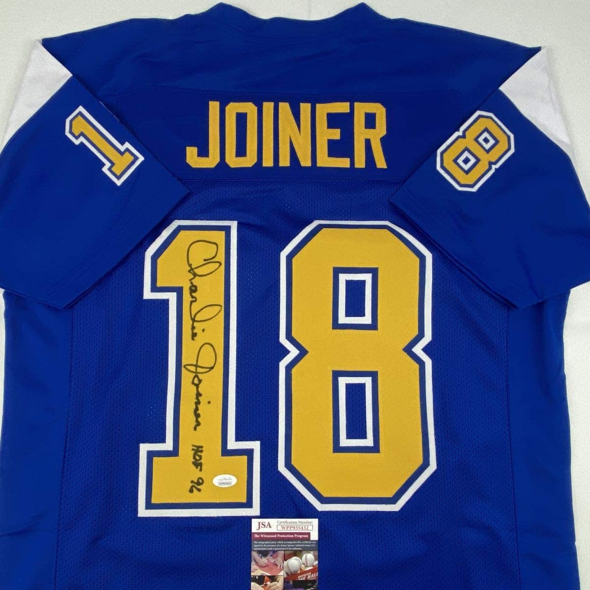 autographed-signed-charlie-joiner-hof-96-san-diego-royal-blue-yellow-football-jersey-jsa-coa
