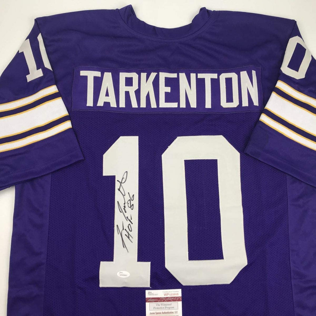 autographed-signed-fran-tarkenton-hof-86-minnesota-purple-football-jersey-jsa-coa
