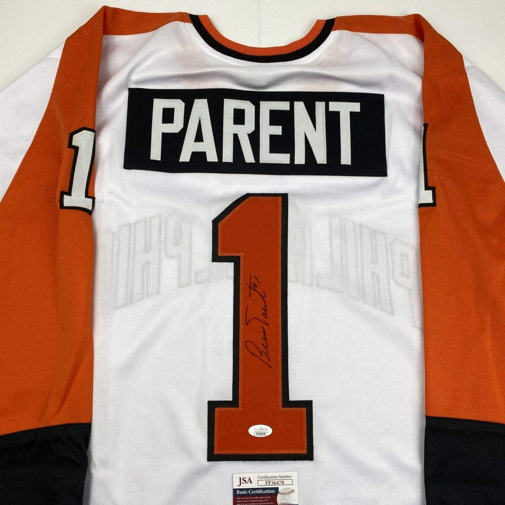 autographed-signed-bernie-parent-philadelphia-white-hockey-jersey-jsa-coa