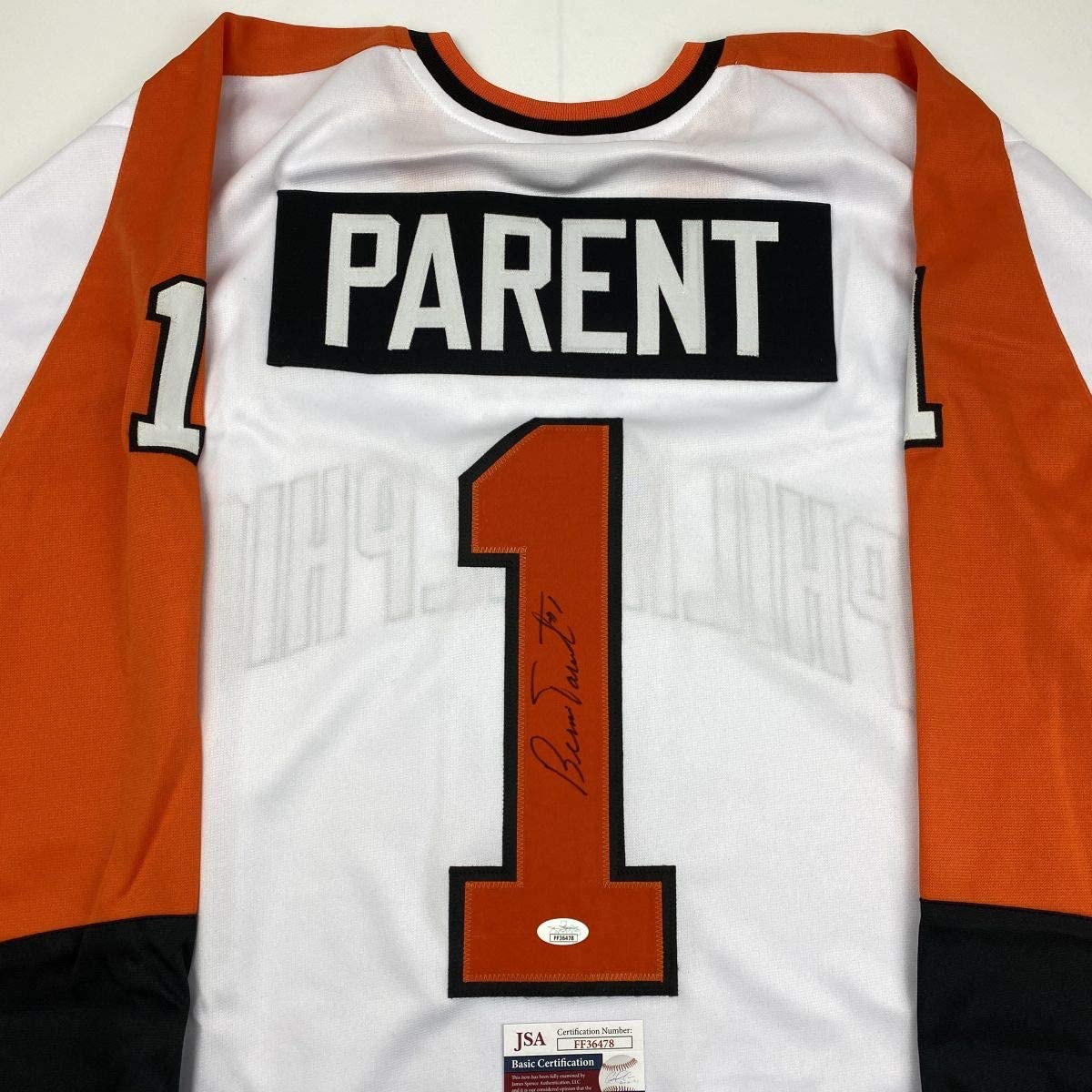 autographed-signed-bernie-parent-philadelphia-white-hockey-jersey-jsa-coa