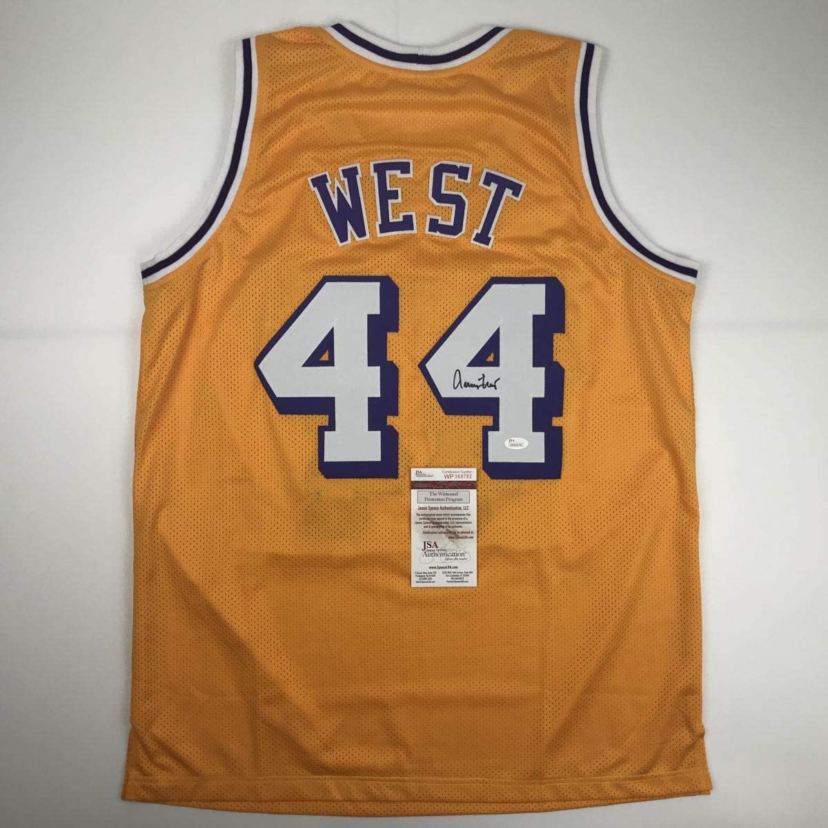 autographed-signed-jerry-west-los-angeles-la-yellow-basketball-jersey-jsa-coa