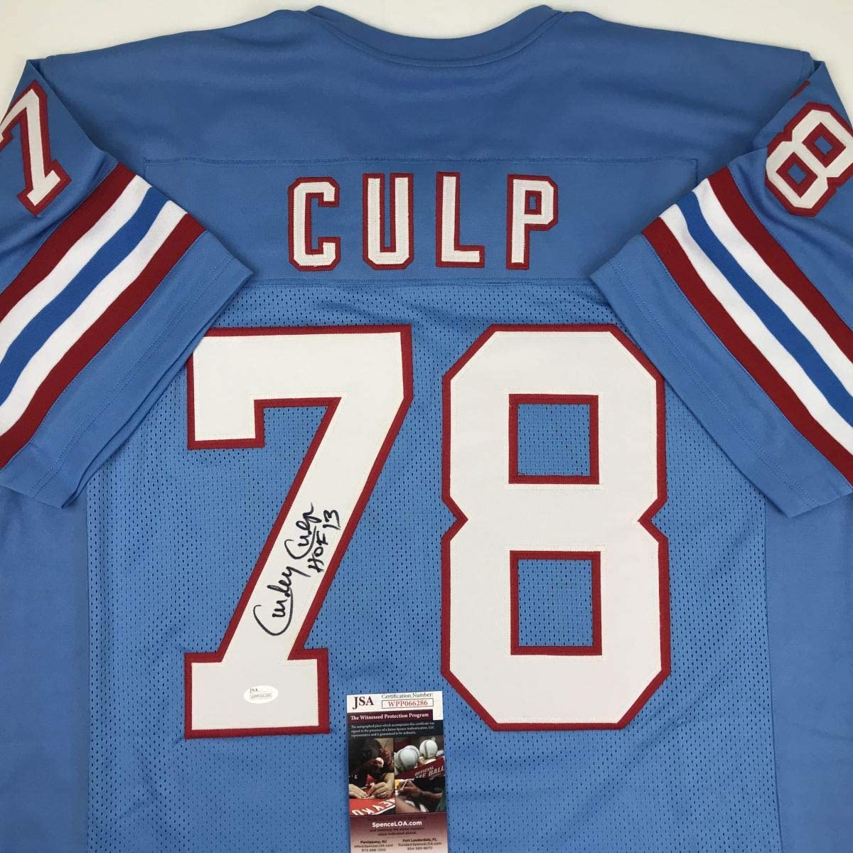 autographed-signed-curley-culp-hof-13-houston-blue-football-jersey-jsa-coa