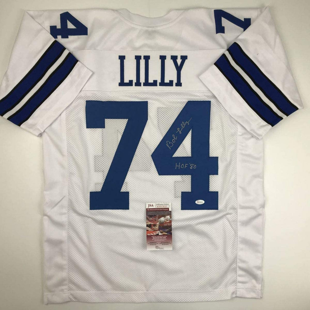 autographed-signed-bob-lilly-hof-80-dallas-white-football-jersey-jsa-coa
