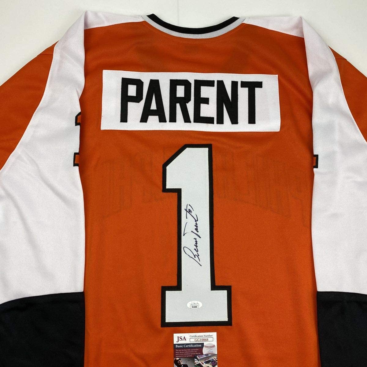 autographed-signed-bernie-parent-philadelphia-orange-hockey-jersey-jsa-coa