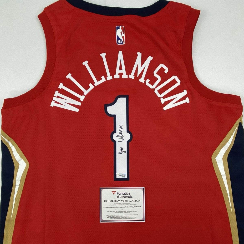 autographed-signed-zion-williamson-new-orleans-pelicans-red-swingman-jordan-basketball-jersey-fanatics-coa