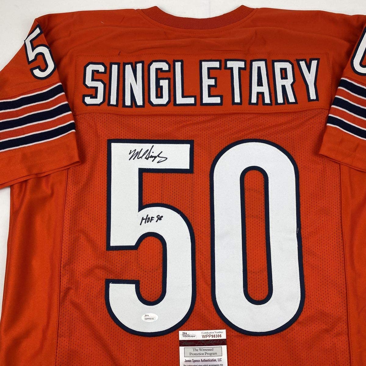 autographed-signed-mike-singletary-hof-98-chicago-orange-football-jersey-jsa-coa