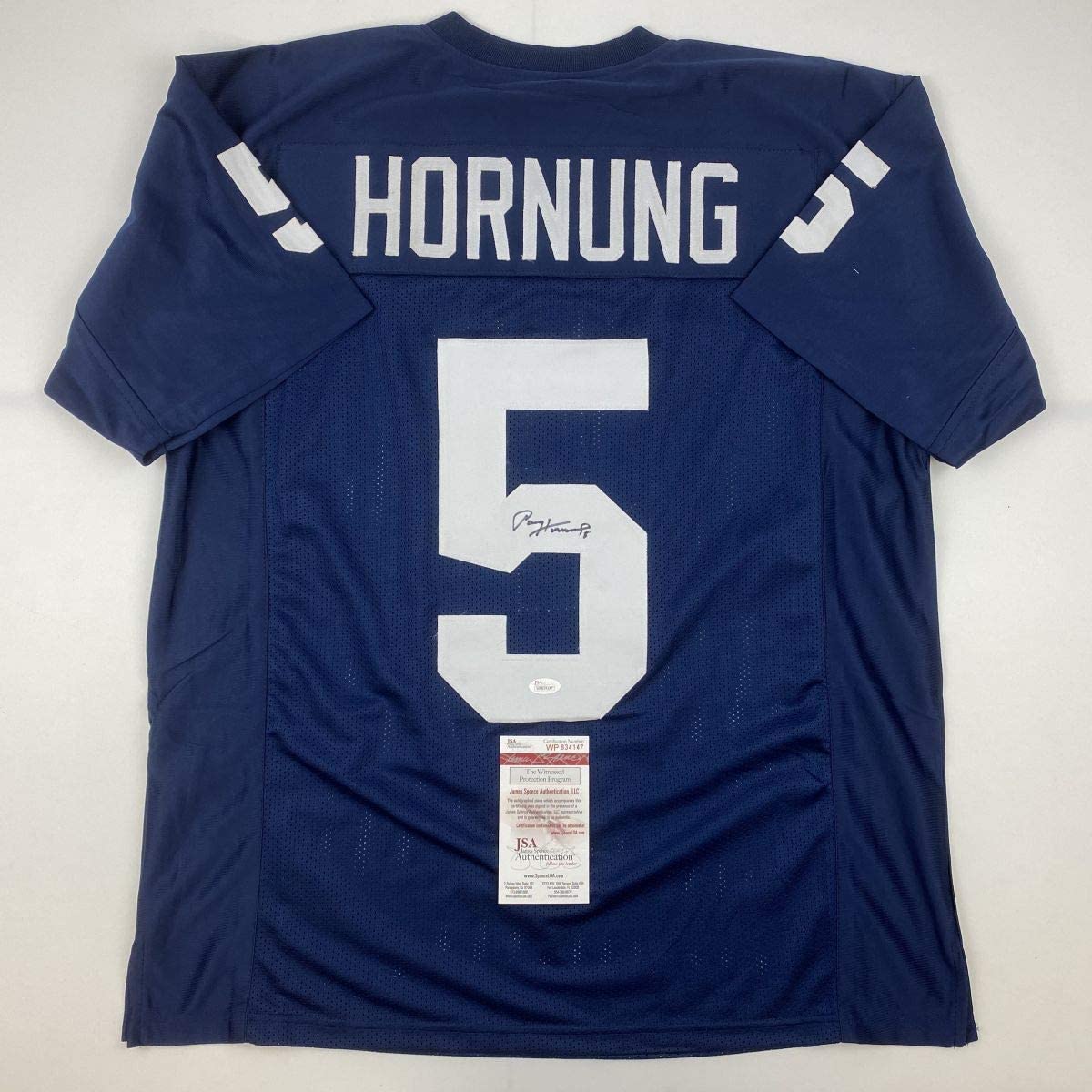 autographed-signed-paul-hornung-notre-dame-blue-college-football-jersey-jsa-coa