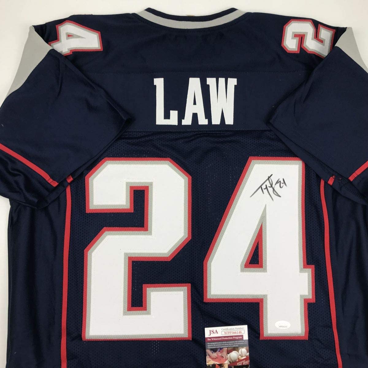 autographed-signed-ty-law-new-england-blue-football-jersey-jsa-coa