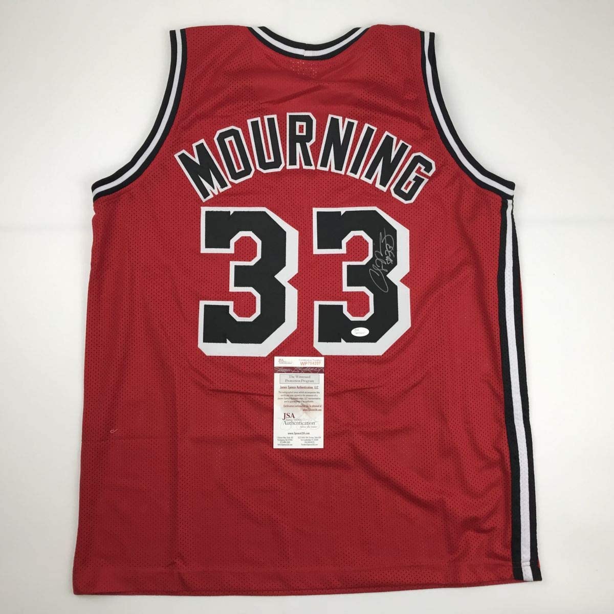 autographed-signed-alonzo-mourning-miami-red-basketball-jersey-jsa-coa