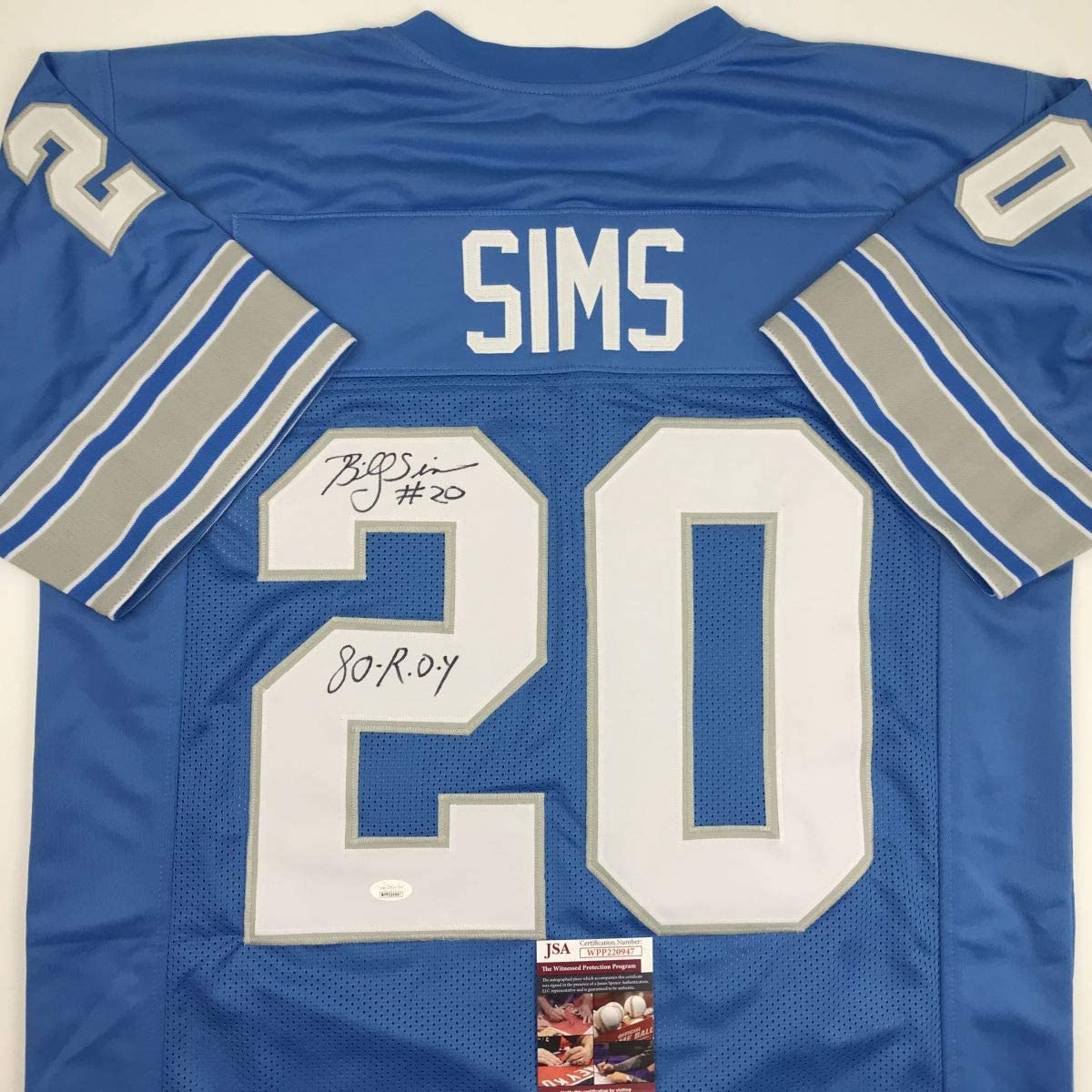 autographed-signed-billy-sims-80-roy-detroit-blue-football-jersey-jsa-coa