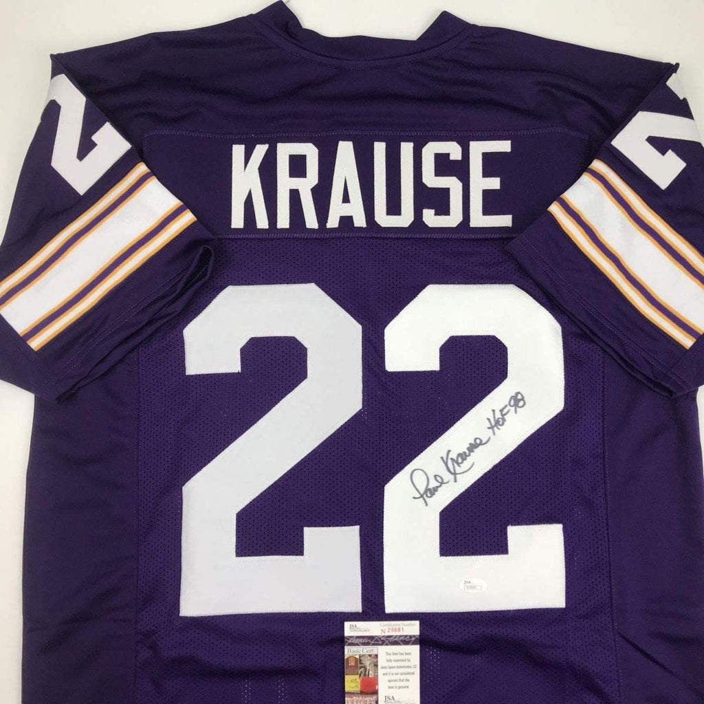 autographed-signed-paul-krause-hof-98-minnesota-purple-football-jersey-jsa-coa