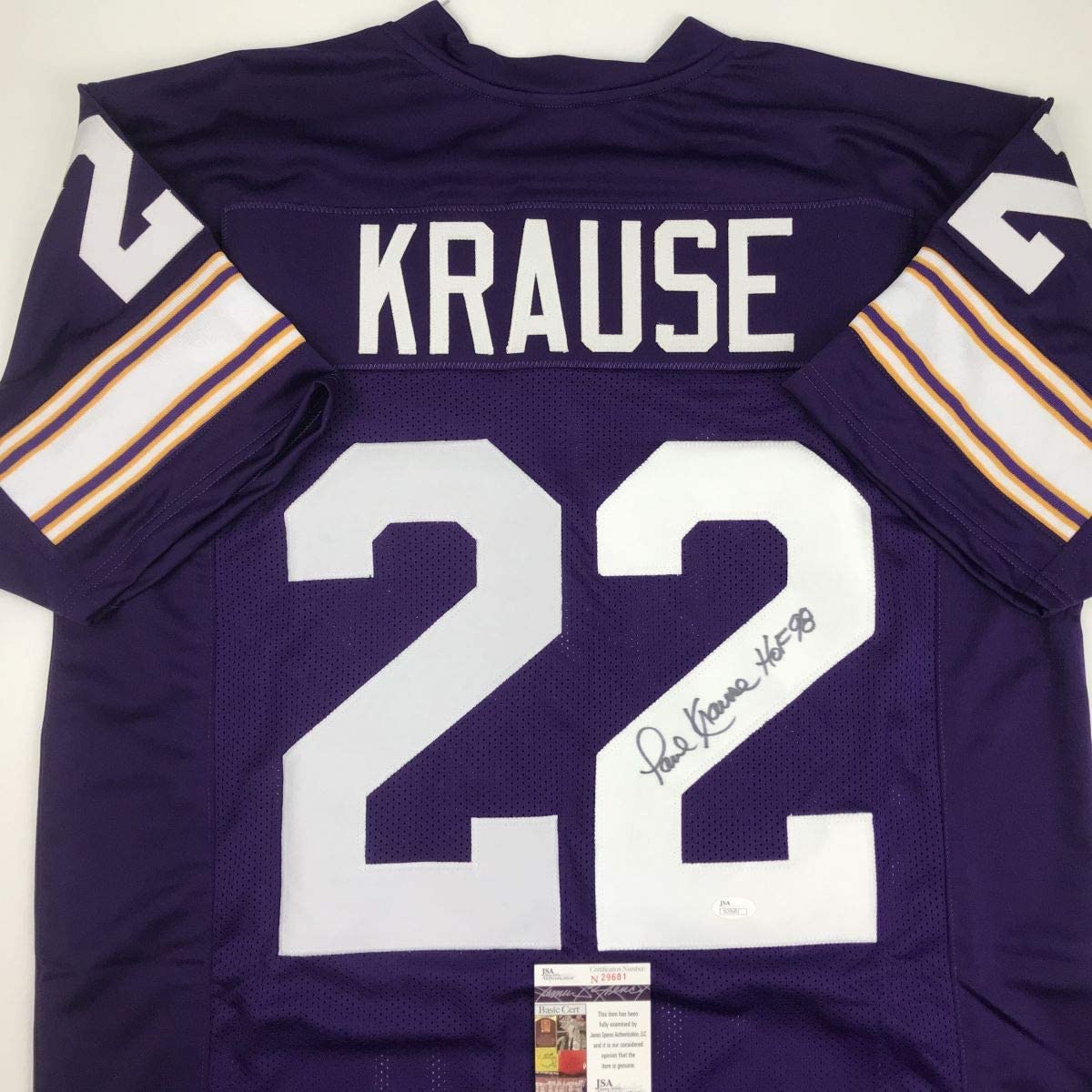 autographed-signed-paul-krause-hof-98-minnesota-purple-football-jersey-jsa-coa