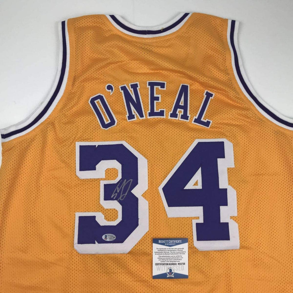 autographed-signed-shaquille-shaq-oneal-los-angeles-la-yellow-basketball-jersey-beckett-bas-coa-1